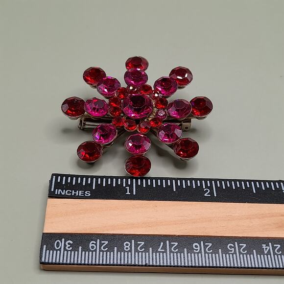 Vintage Red Pink Rhinestone Snowflake Brooch, 1950s, 2 1/8 Inch - Picture 9 of 11